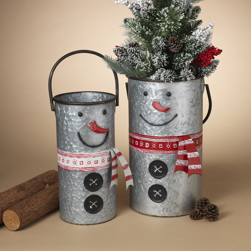 The Holiday Aisle Nesting Galvanized Snowman 2 Piece Metal Bucket Set